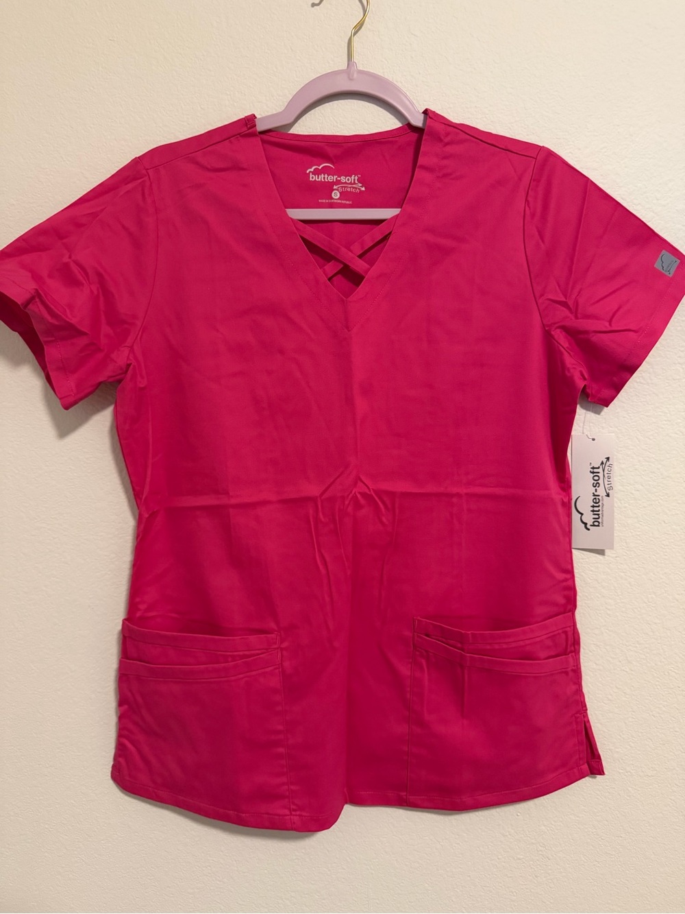 Butter-Soft Hot Pink V-Neck Short Sleeve Scrub Top with Crisscross Detail